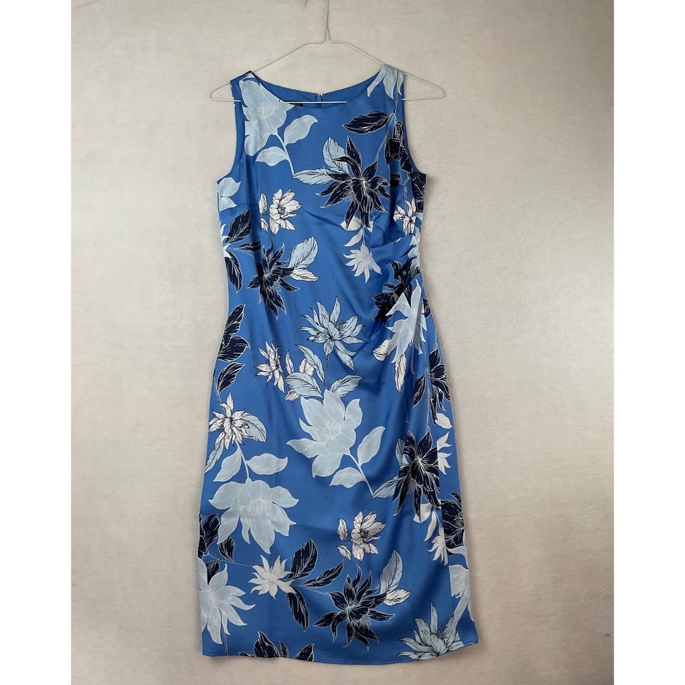 Talbots Womens Blue Floral Ruched Sleeveless Sheath Midi Dress Size 4